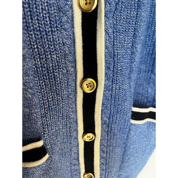 Talbots Cable Knit Cardigan - Tipped Cotton Blend Blue Tenniscore sz. Mp - Picture 6 of 8
